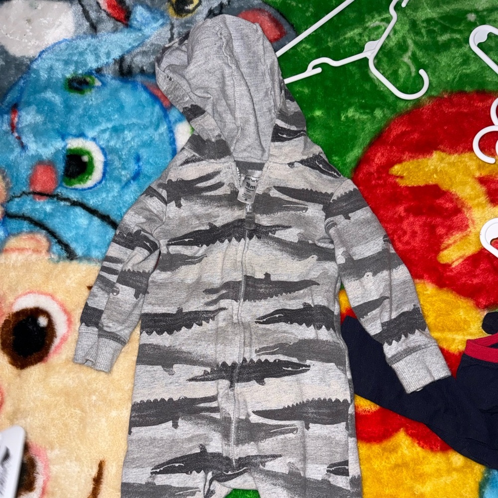 Gray and Black Alligator Print Hooded Onesie